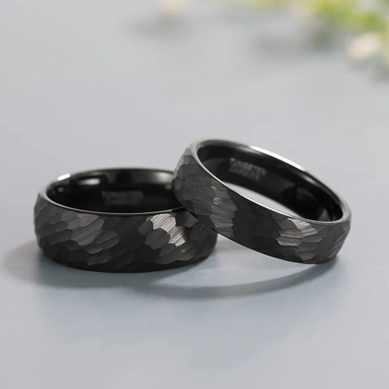 Modern Wedding Band - Black-Brushed Hammered Tungsten Carbide