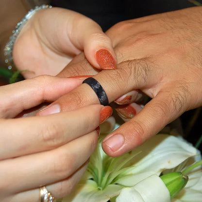 Modern Wedding Band - Black-Brushed Hammered Tungsten Carbide